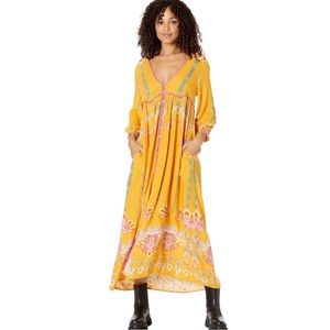 Free People Foley Vintage Printed Gold Button Front Duster Maxi Dress Medium
